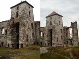 Brama Nawojowa na zamku Tenczyn przed i po renowacji.