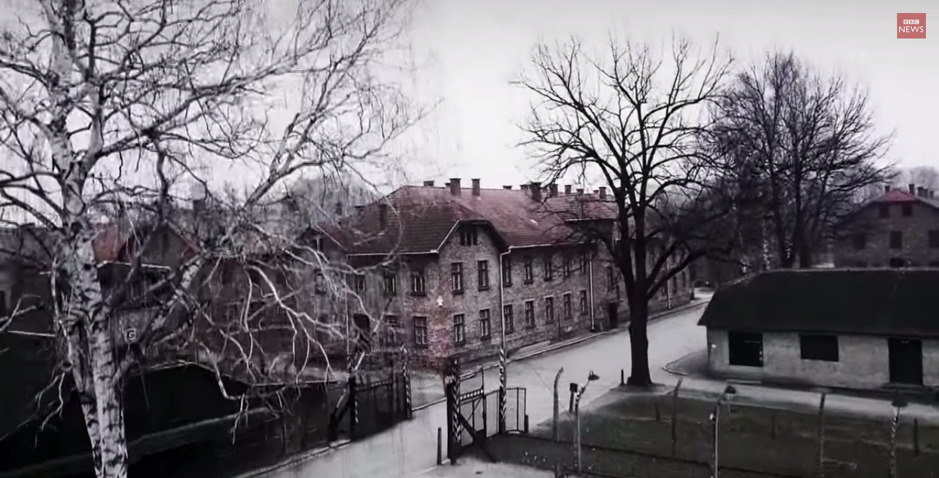 film z lotu ptaka nad Auschwitz
